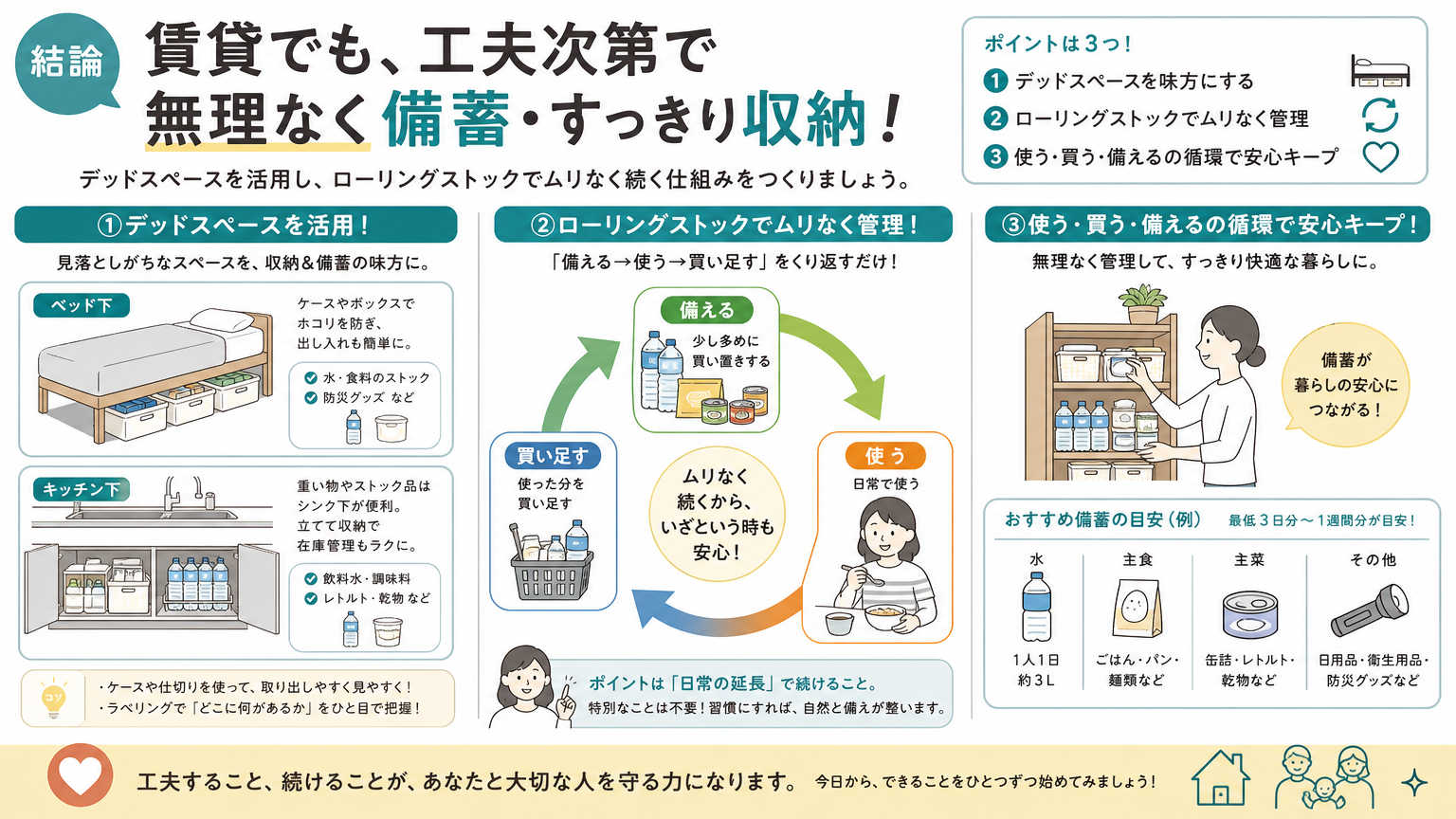 備蓄と収納の工夫の結論|賃貸でも無理なく備える方法